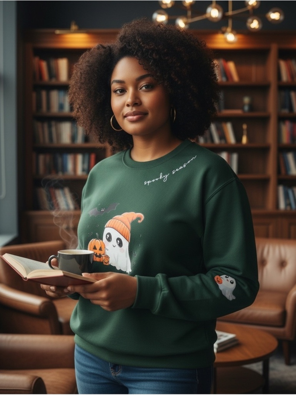 Cozy Green Halloween Ghost Sweatshirt - Women's Crewneck